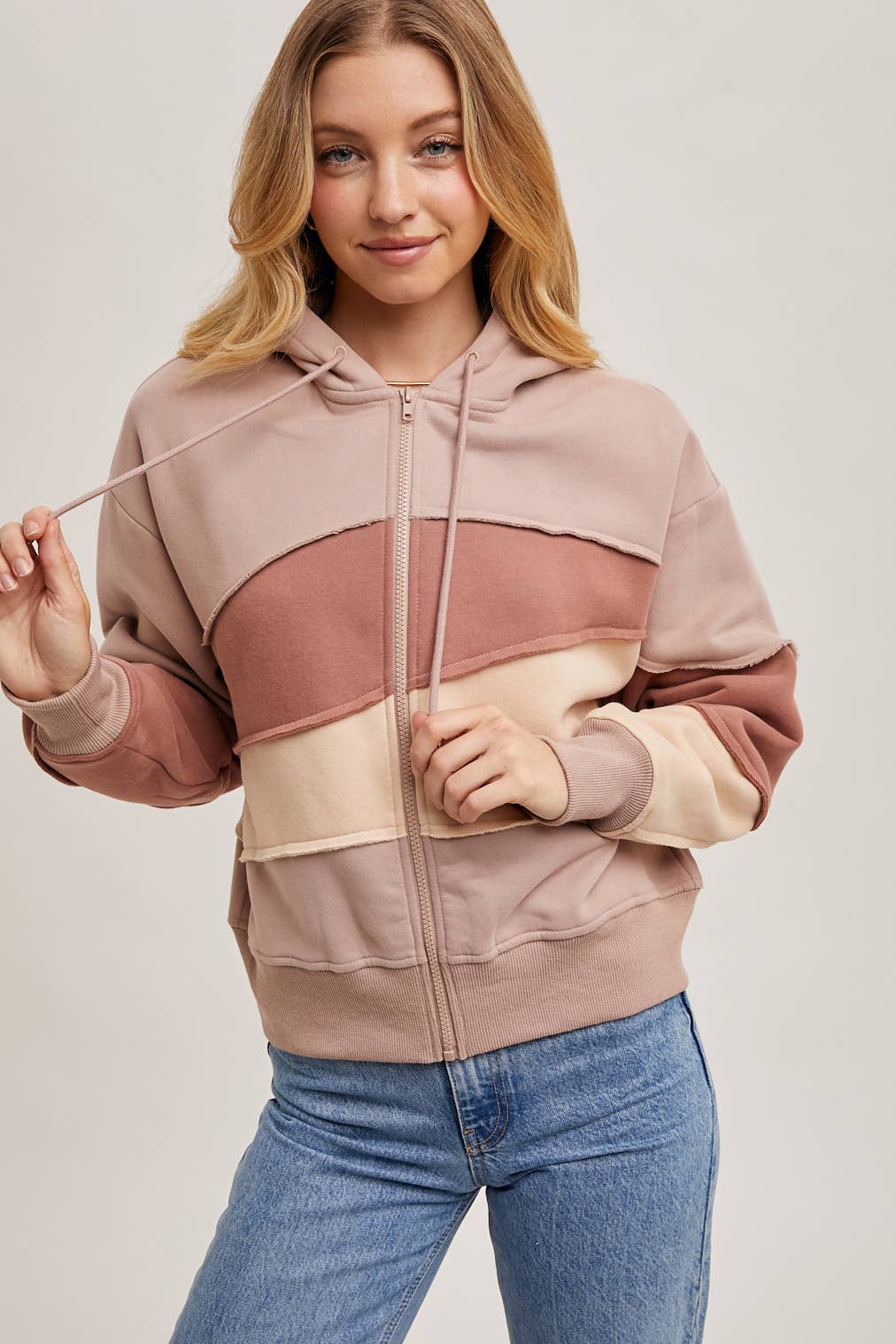 Blush Color Block Full Zip Hoodie