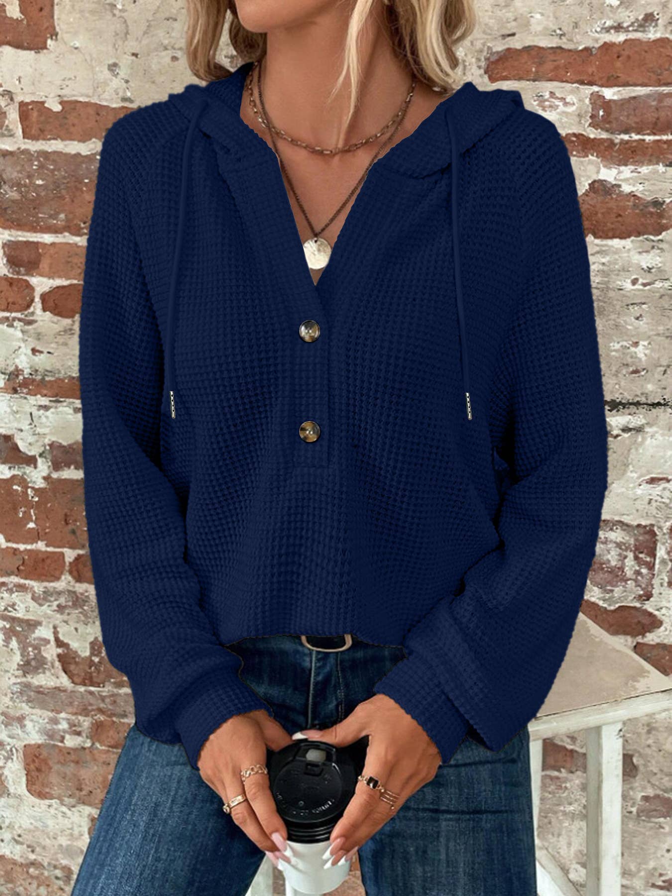 Waffle Button-Up Hoodie Pullover (Asst. Colors)