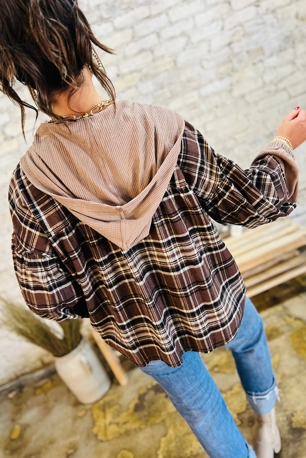 Brown Plaid Pullover with Ribbed Trim
