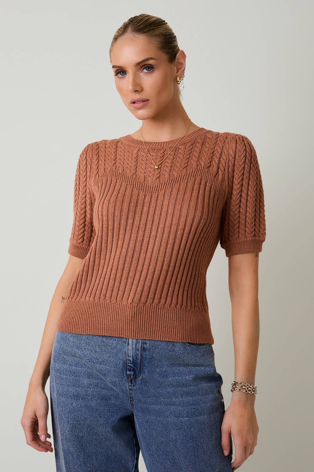 Short Sleeve Cable Knit Sweater - Asst. Colors