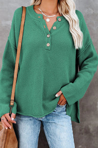 Green Waffle Knit Henley Sweater