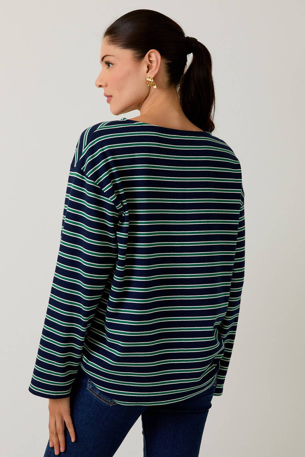 Navy & Green Stripe Boatneck Top