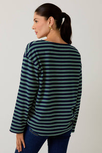 Navy & Green Stripe Boatneck Top