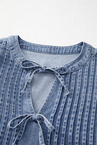 Denim Bow Tie Puff Sleeve Top