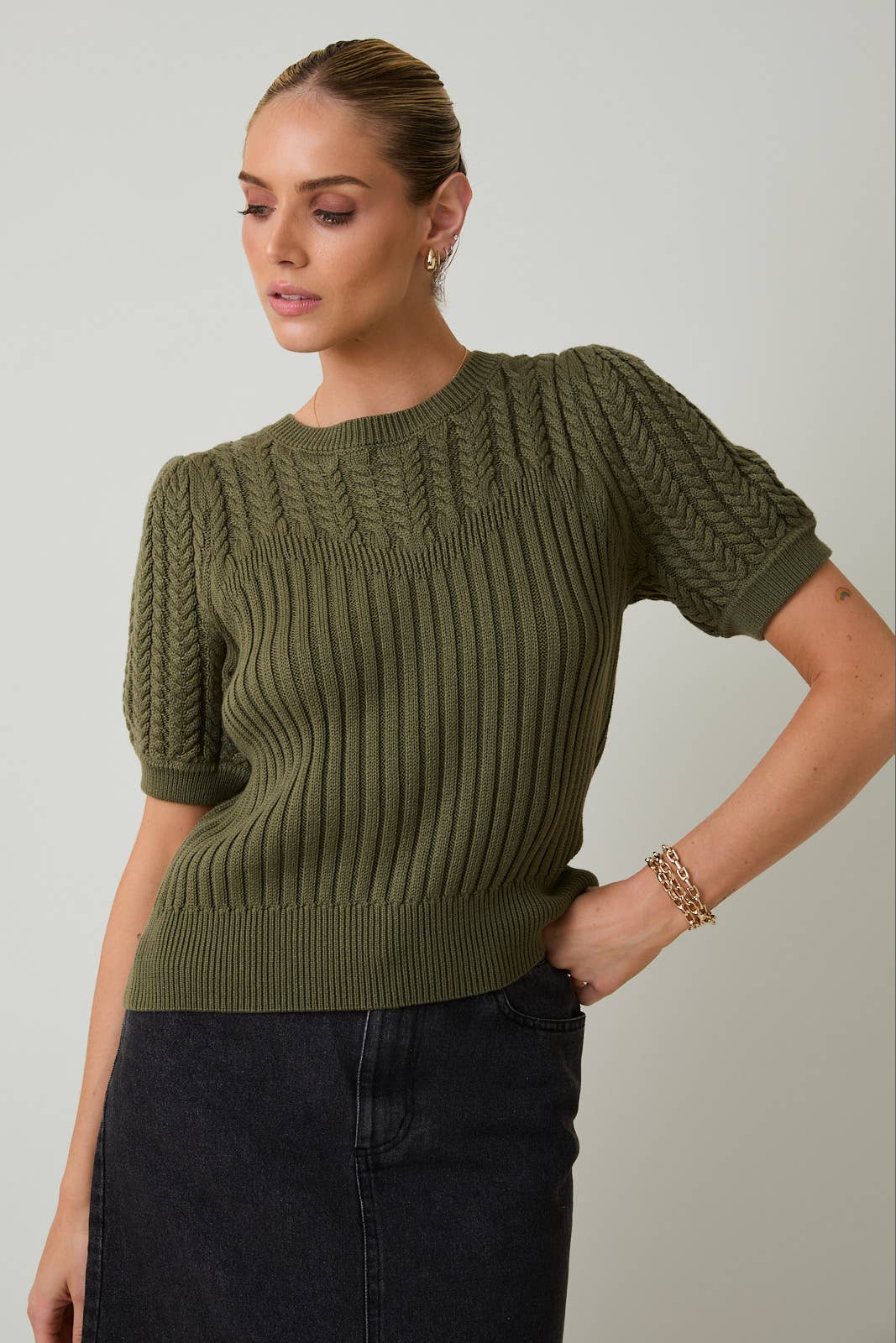 Short Sleeve Cable Knit Sweater - Asst. Colors