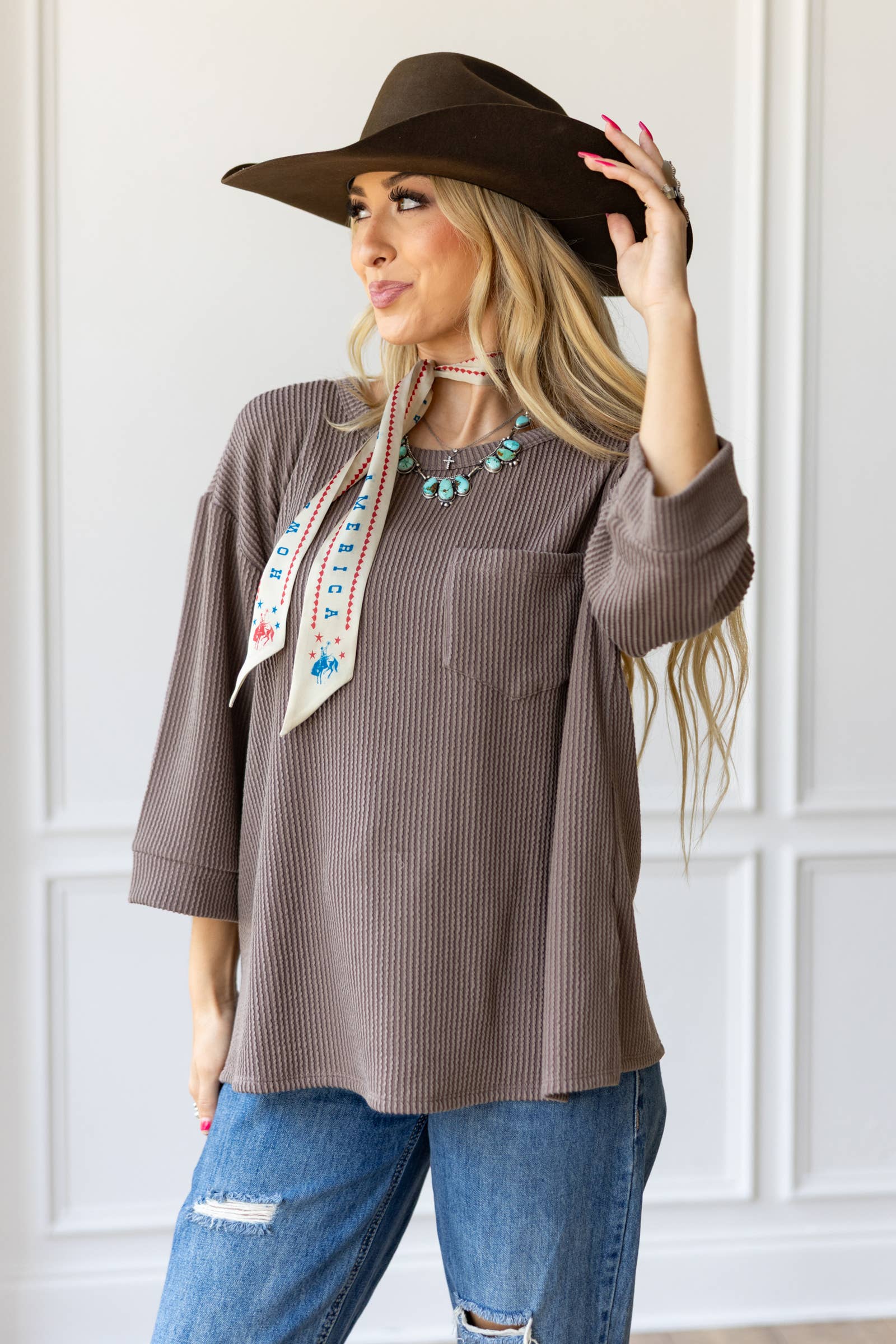 Ribbed 3/4 Sleeve Knit Top - Asst. Colors