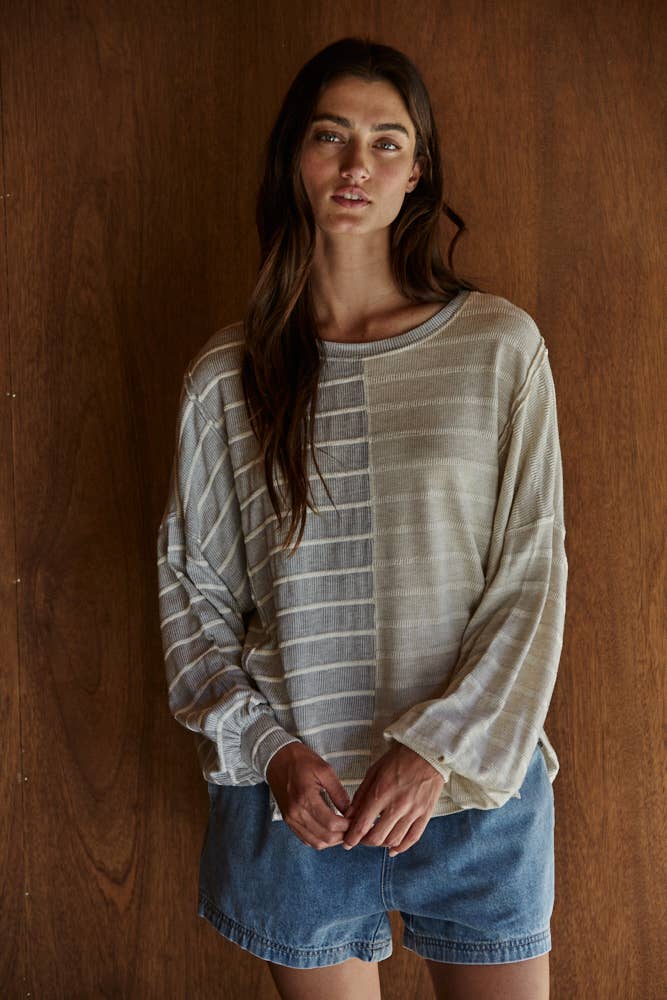Striped Gray and Cream Ribbed Top