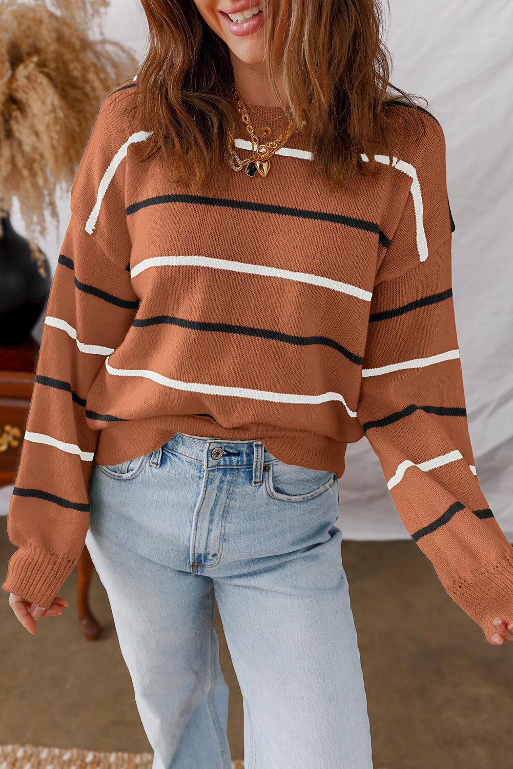Rust Striped Drop Shoulder Sweater