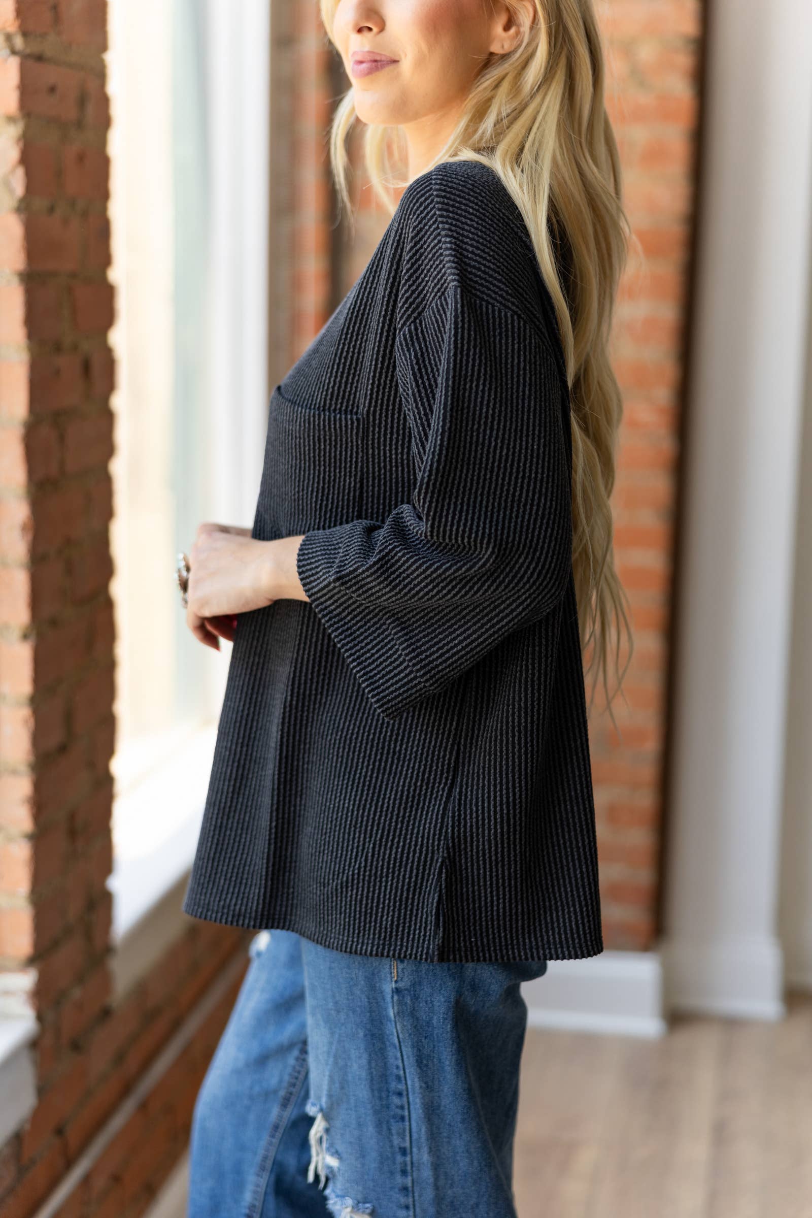 Ribbed 3/4 Sleeve Knit Top - Asst. Colors