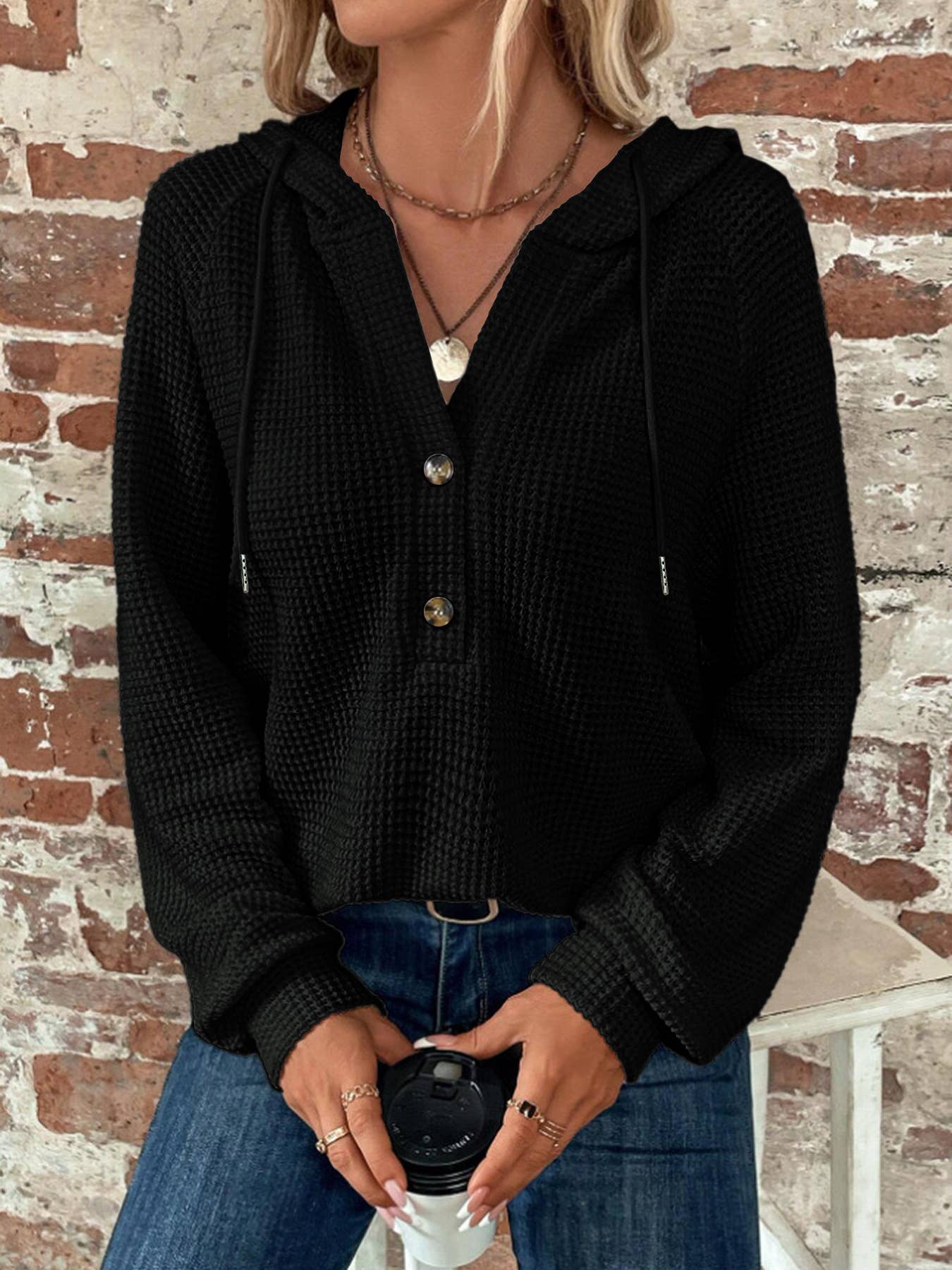 Waffle Button-Up Hoodie Pullover (Asst. Colors)