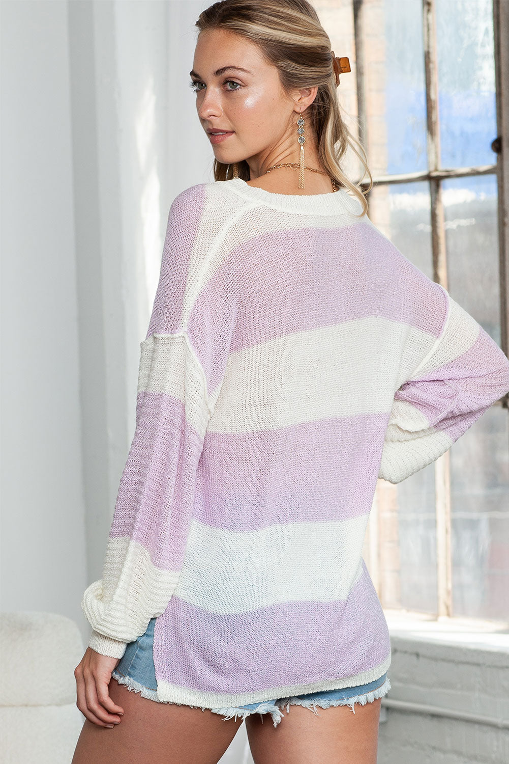 Purple Stripe Henley Knit Sweater