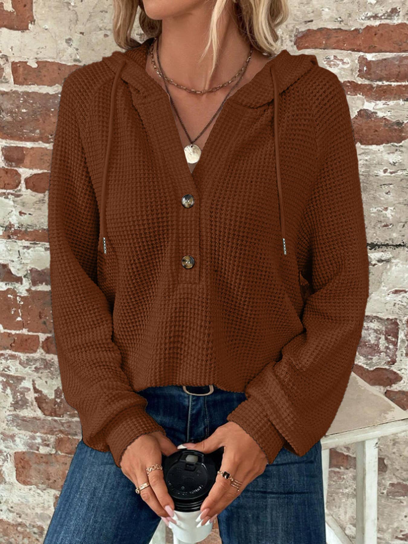 Waffle Button-Up Hoodie Pullover (Asst. Colors)