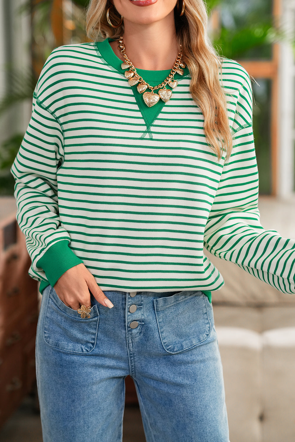 Green Striped Crewneck Sweatshirt