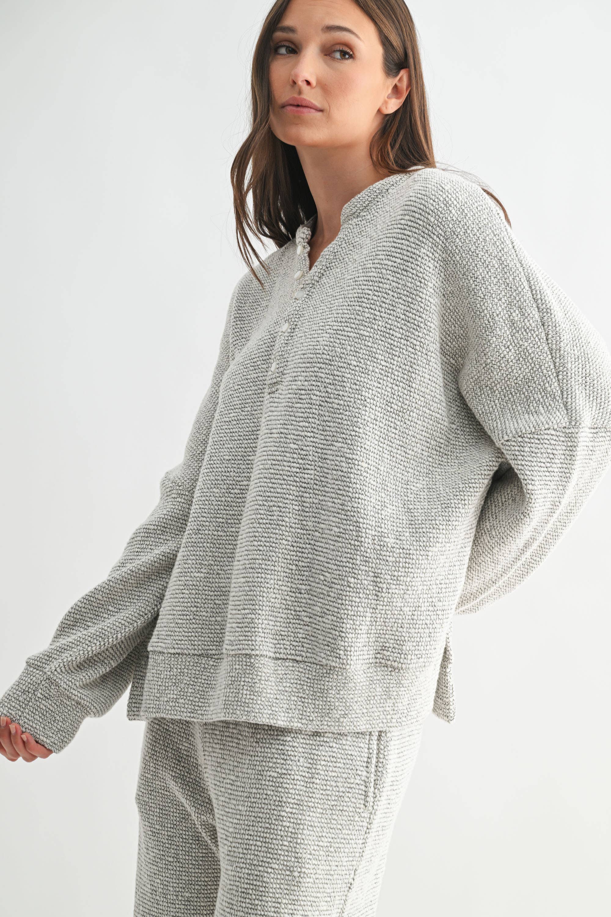 Marina Textured Cotton Blend Knit Henley