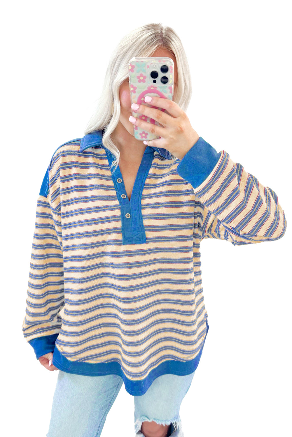 Pink Stripe Collared V Neck Drop Shoulder Top