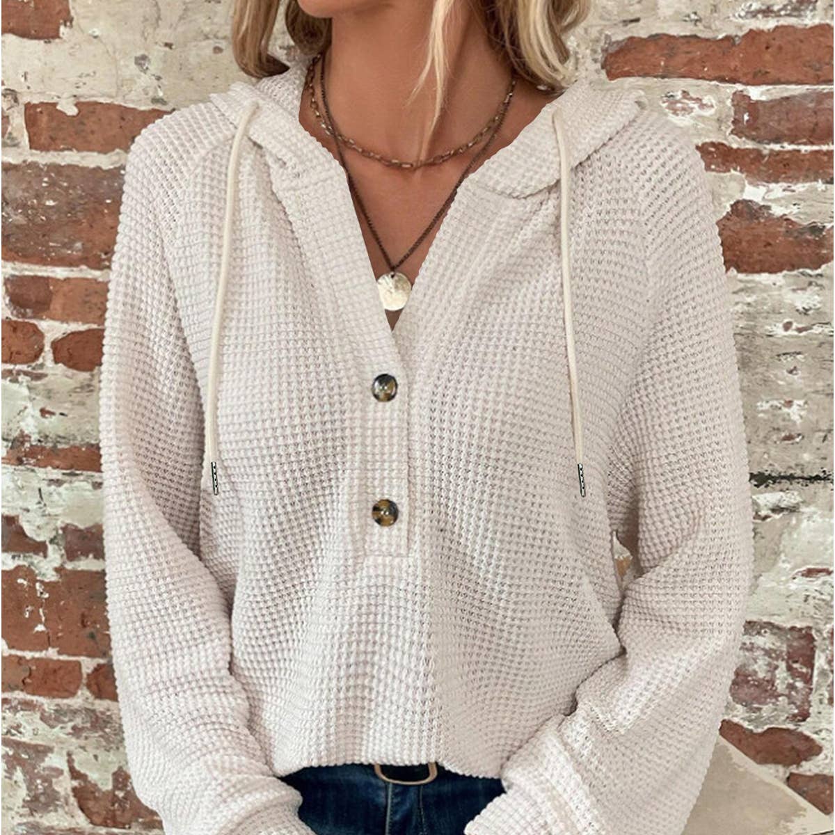 Waffle Button-Up Hoodie Pullover (Asst. Colors)