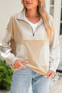Beige Striped 1/4 Zip Pullover