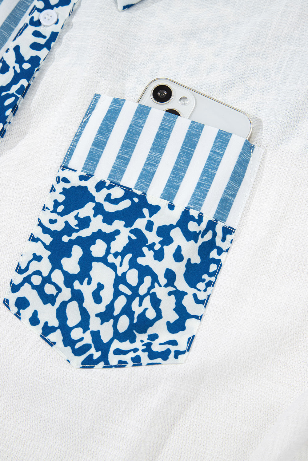 Blue Leopard Striped Patchwork Button-up Shirt