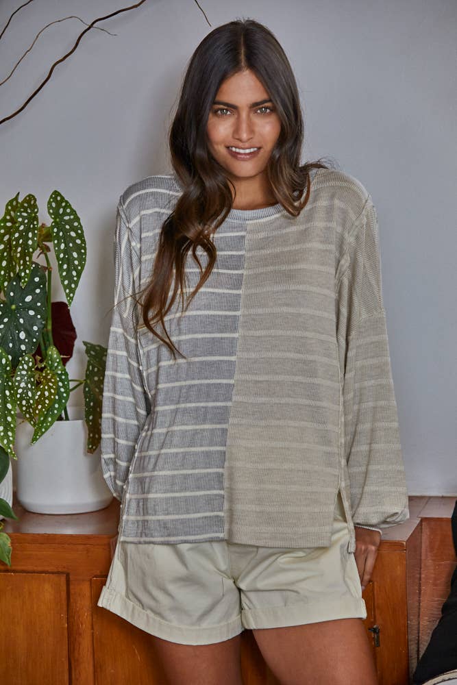 Striped Gray and Cream Ribbed Top