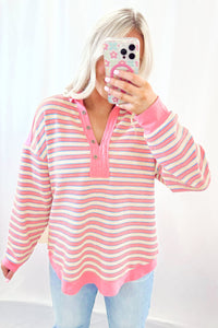 Pink Stripe Collared V Neck Drop Shoulder Top