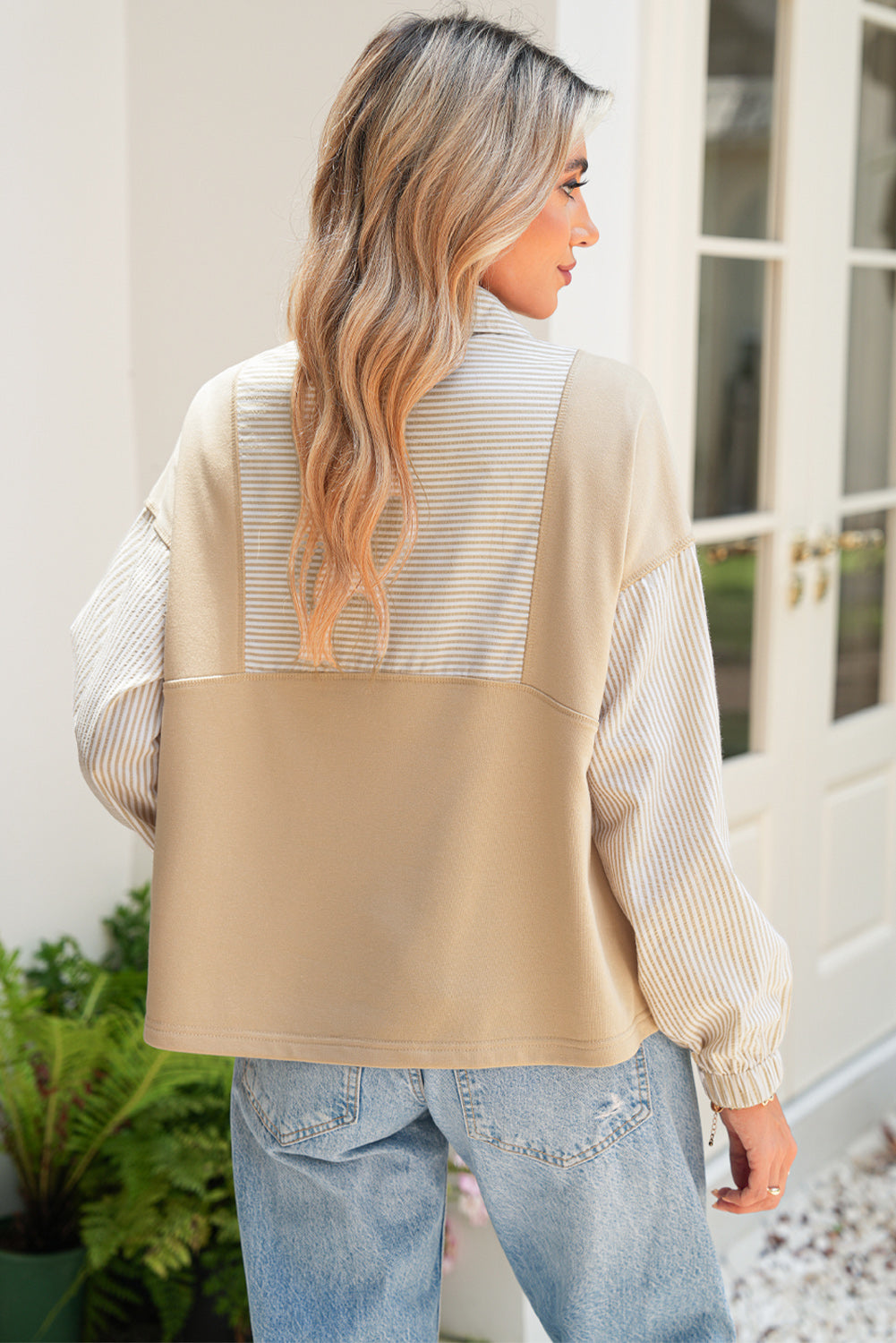 Beige Striped 1/4 Zip Pullover