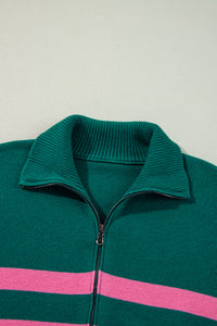 Green Striped Collared Quarter Zip Oversized Sweater