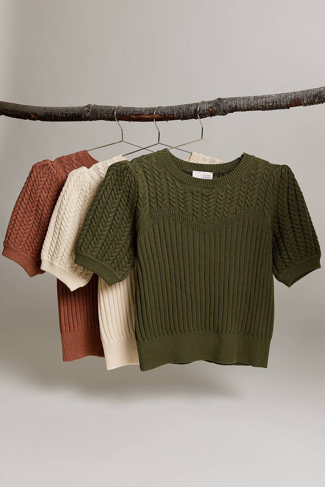 Short Sleeve Cable Knit Sweater - Asst. Colors