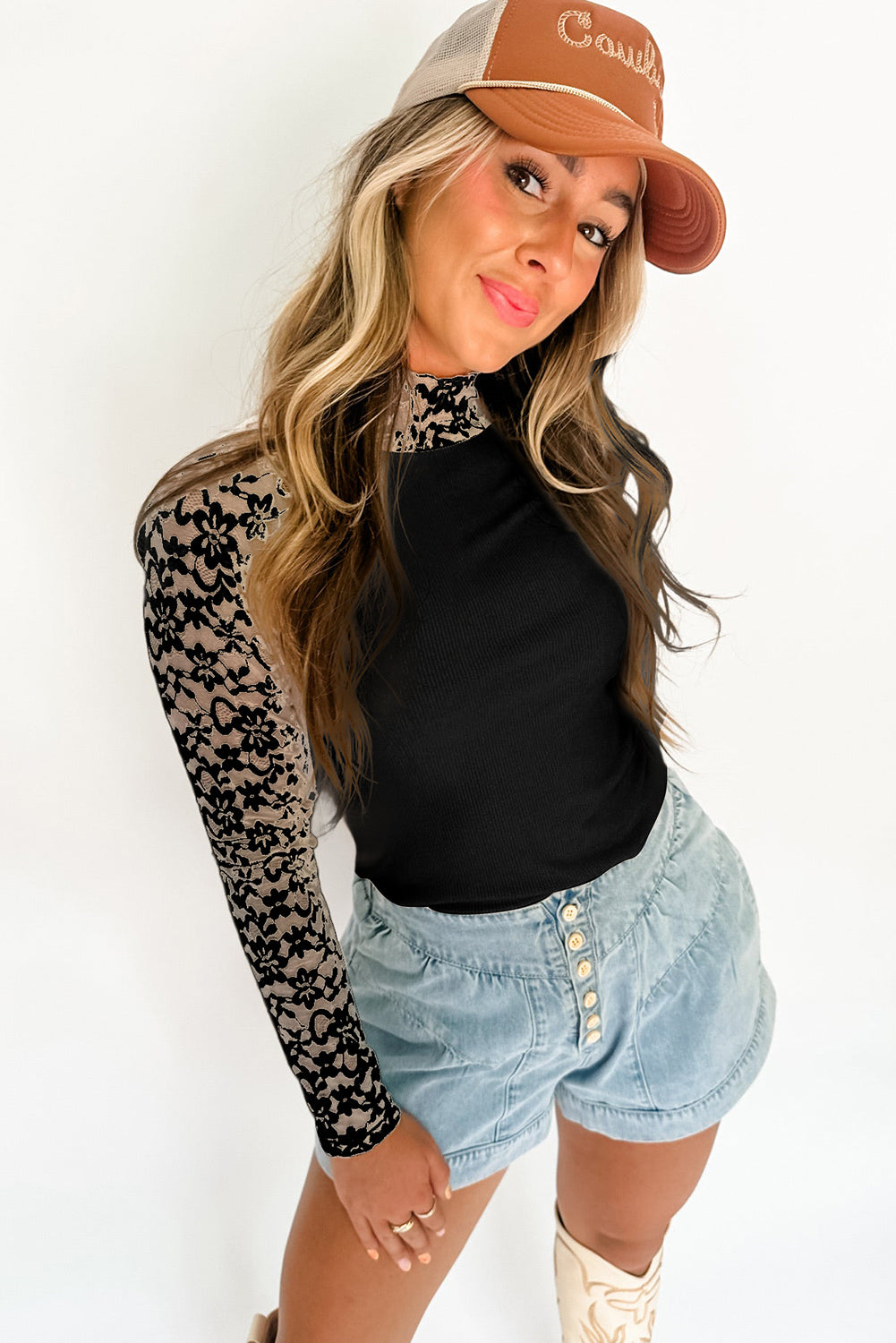 Black Floral Lace Long Sleeve Top