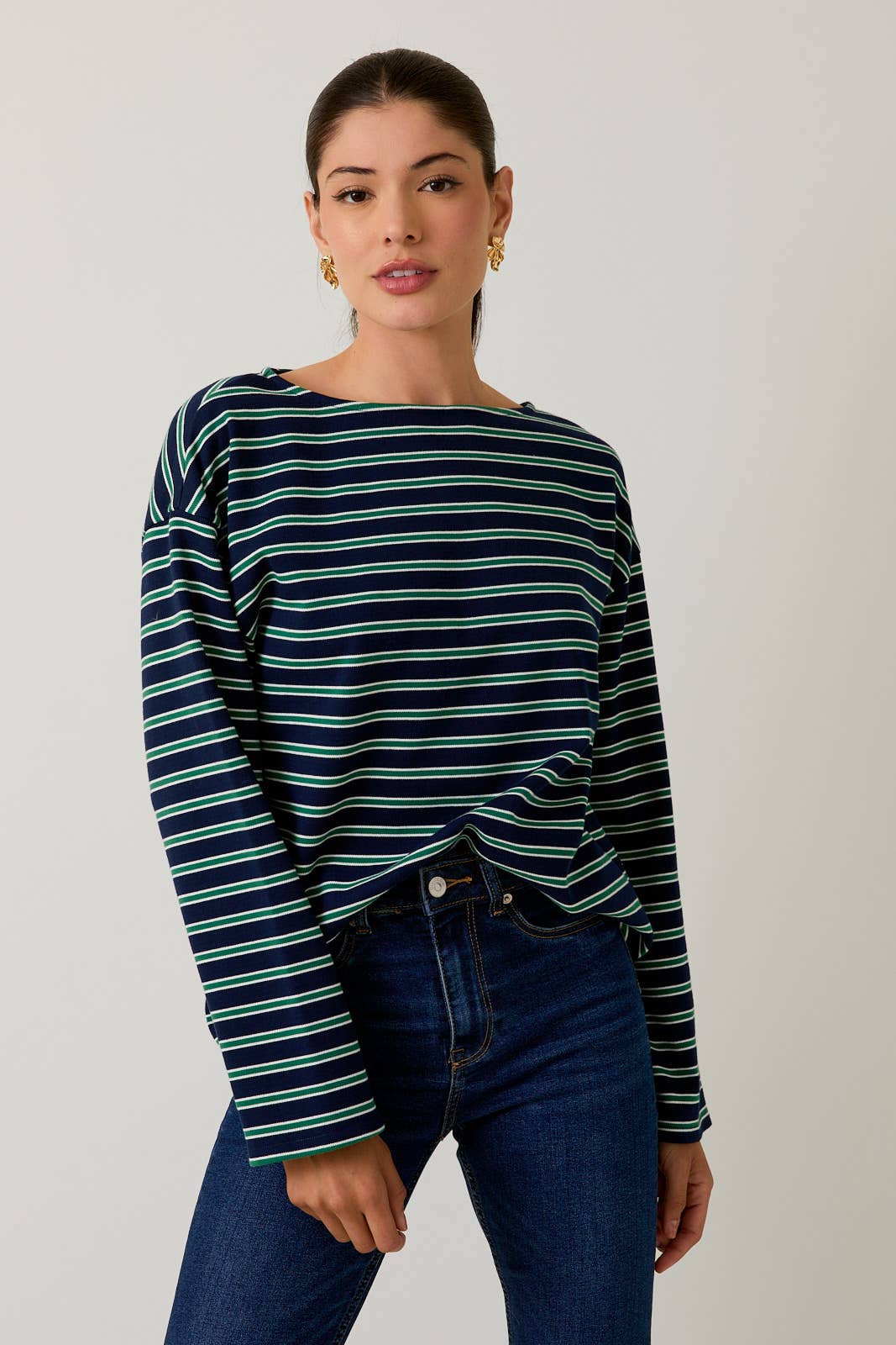 Navy & Green Stripe Boatneck Top