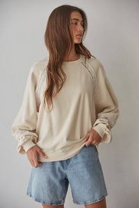 Cream Sweatshirt with Lace Insest