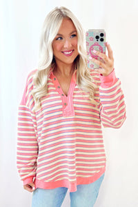 Pink Stripe Collared V Neck Drop Shoulder Top