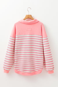 Pink Stripe Collared V Neck Drop Shoulder Top