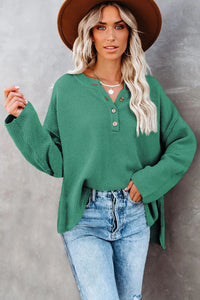 Green Waffle Knit Henley Sweater