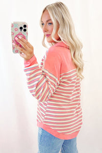 Pink Stripe Collared V Neck Drop Shoulder Top