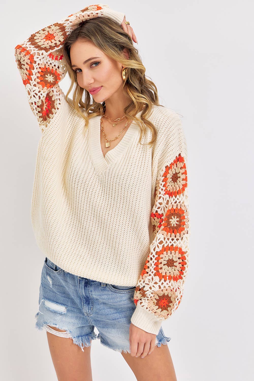 Multi Crochet V Neck Sweater