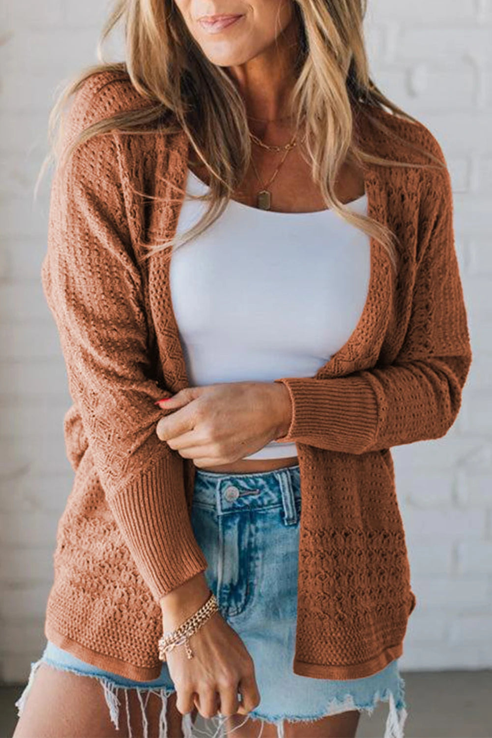 Open Knit Cardigan - Beige & Rust