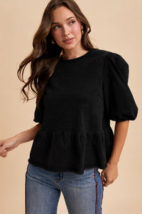 Black Denim Puff Sleeve Top with Button Back