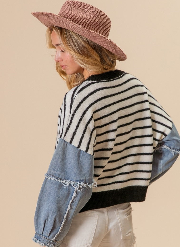 Striped Sweater with Denim Sleeves
