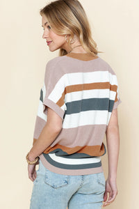 Camel Stripe Short Sleeve Sweater