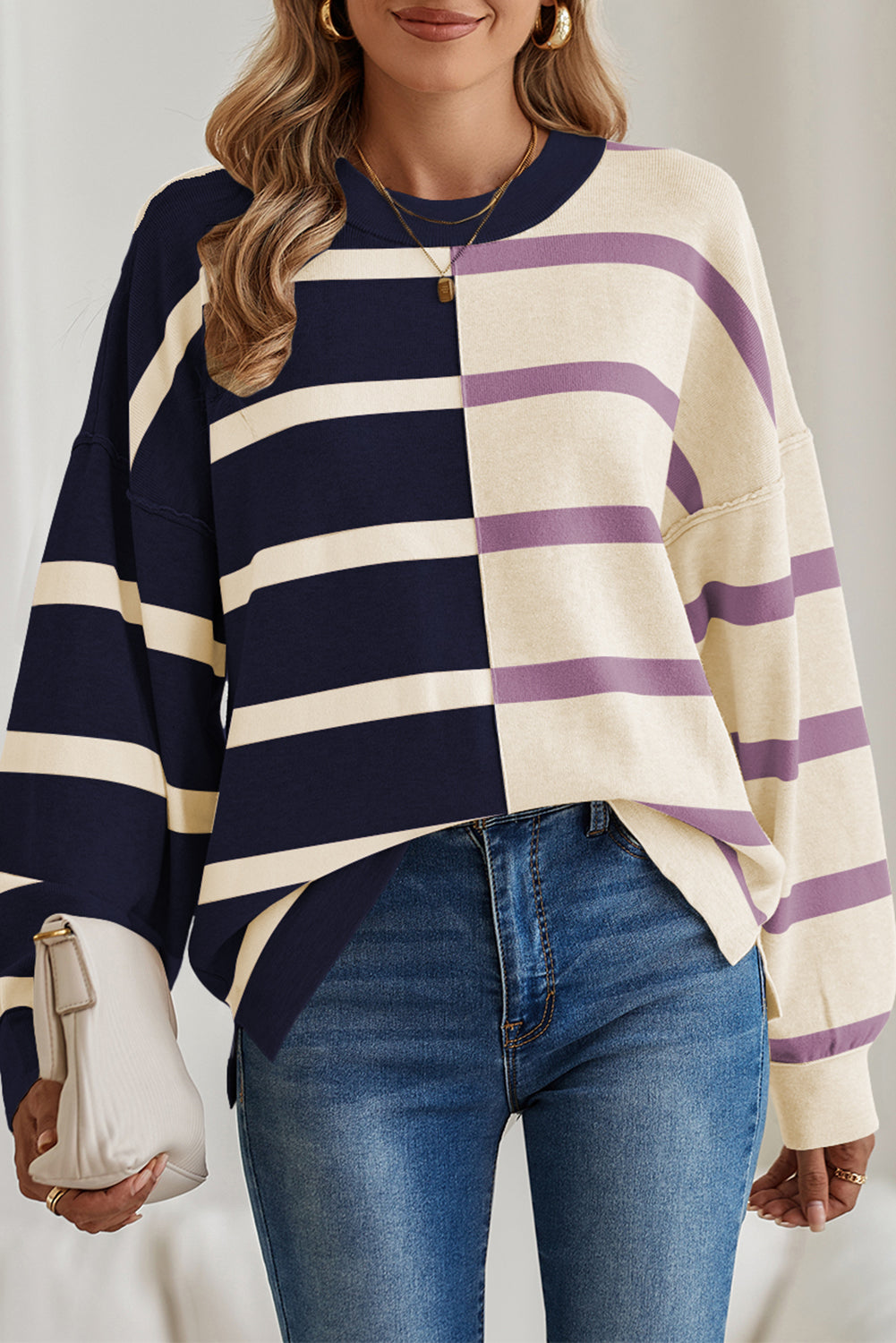 Striped Colorblock Drop Shoulder Sweater (Asst. Colors)