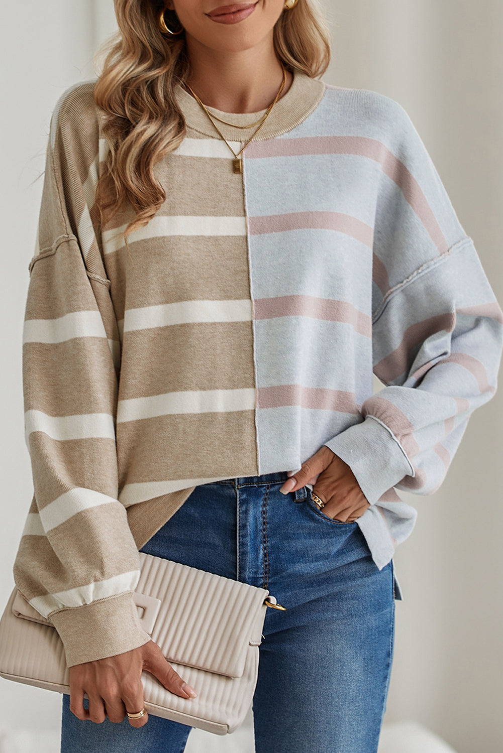 Striped Colorblock Drop Shoulder Sweater (Asst. Colors)