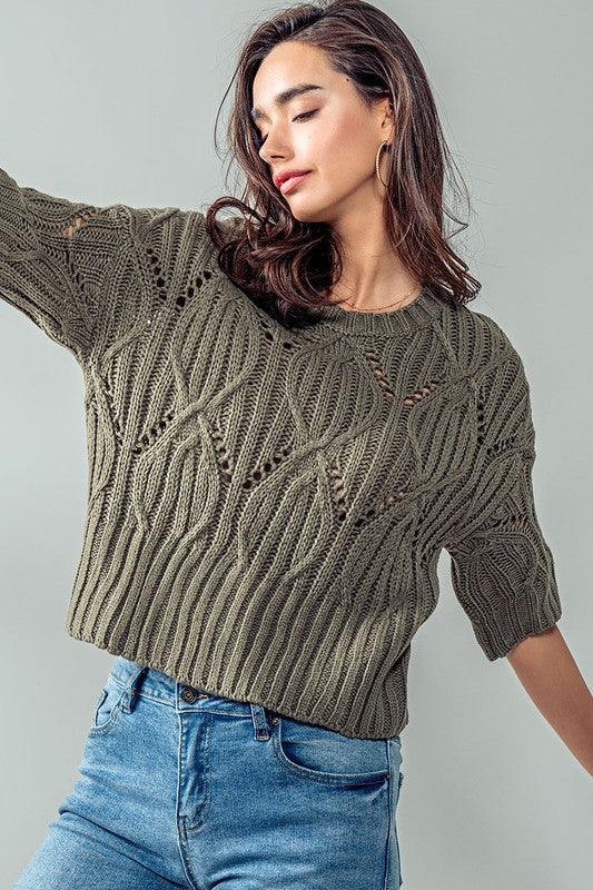 Olive Crochet Cable Knit Sweater