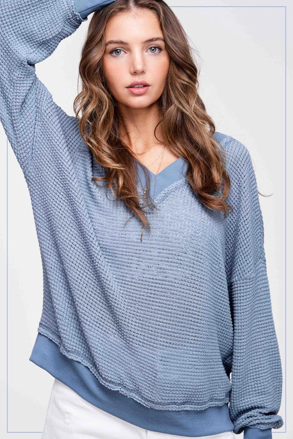 Waffle V Neck Top  - Asst. Colors