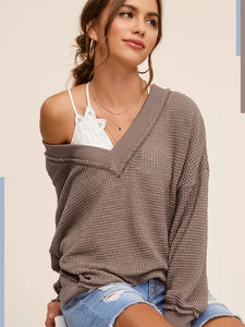 Waffle V Neck Top  - Asst. Colors