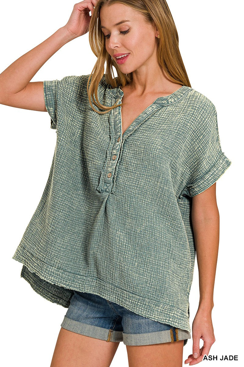 Double Wash Gauze Henley - Asst. Colors