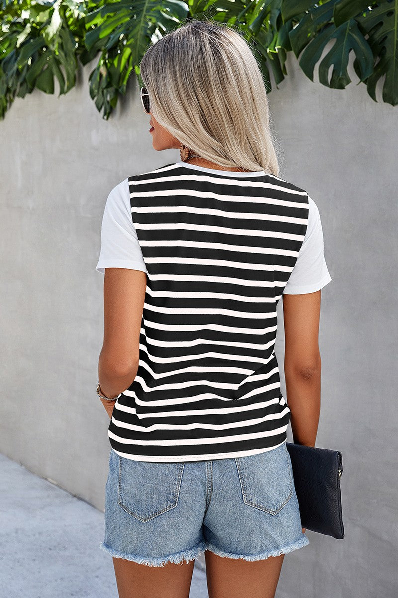 $20.00 SALE - Black and White Striped Top with Buttons