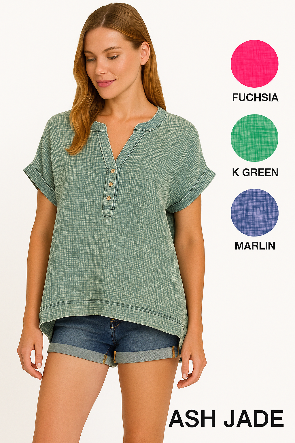 Double Wash Gauze Henley - Asst. Colors