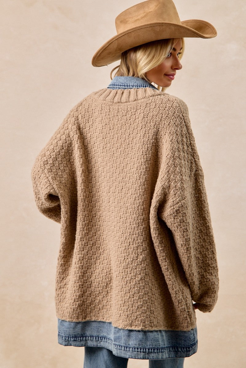 Latte Cardigan with Denim Inset