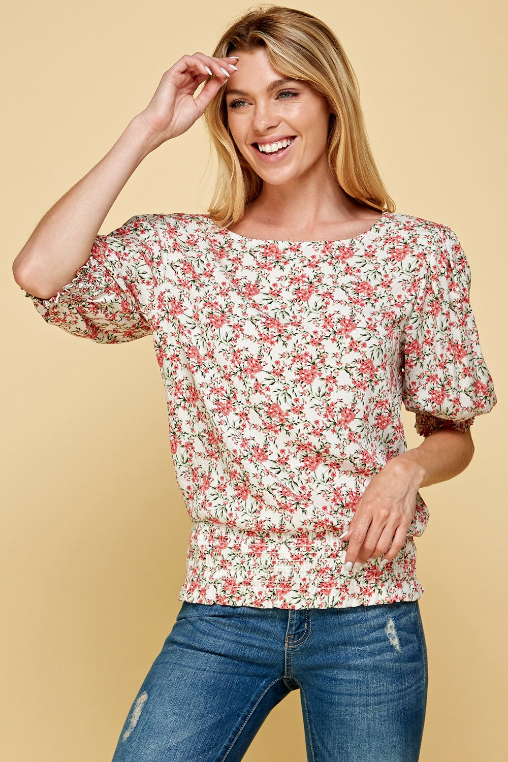 $20.00 SALE - Coral Smocked Floral Blouse