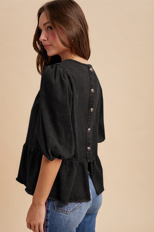 Black Denim Puff Sleeve Top with Button Back